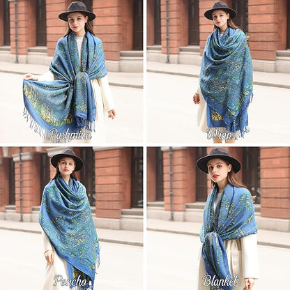 DANA XU 100% Merino Wool Pashmina Shawl for Women 96"x43", Oversized Cashmere Wrap with Tassels, Floral Travel Blanket Cape