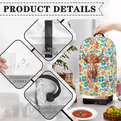 Kitchen Blender Dust Cover with Drawstring and Handle, Floral Highland Cow Print Dust Protection Easy to Clean Small Appliance Food Processor Coffee Maker Cover