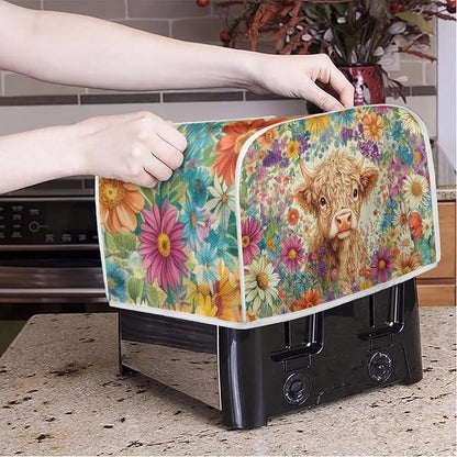 ZFRXIGN Flower Highland Cow Toaster Covers 4 Slice Toaster Dust Cover Hippie Toaster Bag Kitchen Appliance Covers Toaster Oven Dustproof Cover Washable Western Cattle Toaster Cover