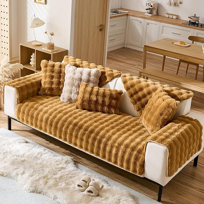 Faux Fur Couch Cover Fuzzy Soft Plush Thick Bubble Sofa Cover Luxury Sectional Couch Covers Luxury Anti-Slip Sofa Slipcover Washable Furniture Protector (Brown Yellow,36"x63")