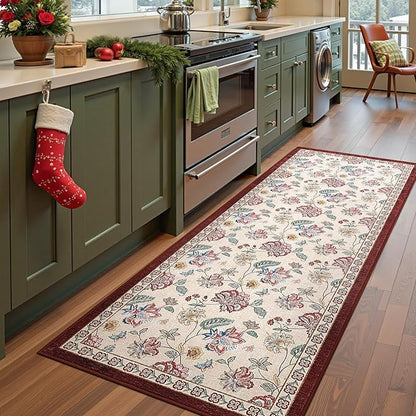 jinchan Elora 3x10 Floral Runner Rug for Hallway Washable Runner Vintage Romance Christmas Design Non Slip Thin Indoor Floor Cover Low-Profile Throw Carpet for Entryway Bathroom Bedroom, Red/Beige