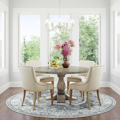 Lahome Boho Round Rugs - 6ft Washable Round Area Rugs for Living Room Grey Non-Slip Throw Dining Room Rug Large Circle Bedroom Rug, Oriental Distressed Print Indoor Rug Round for Entryway Office