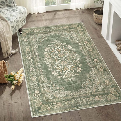 jinchan Green Floral 3x5 Area Rugs for Entryway - Machine Washable Vintage Distressed Design Low-Pile Soft Non-Shedding Christmas Carpet for Kitchen Bedroom Laundry Living Room (3x5ft, Dark Green)
