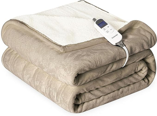 Heat Blanket 72”x84” Full Size,Soft Flannel & Sherpa Reversible Electric Blanket with 10 Heat Settings,12 Timer Setting and 8 Hours Auto-Shut Off,ETL Certified Machine Washable,Light Brown