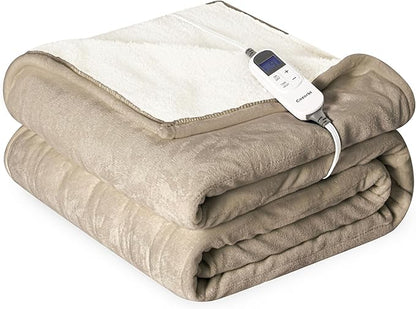 Heat Blanket 50”x60” Throw,Soft Flannel & Sherpa Reversible Electric Blanket with 10 Heat Settings,12 Timer Setting and 3 Hours Auto-Shut Off,ETL Certified Machine Washable,Light Brown