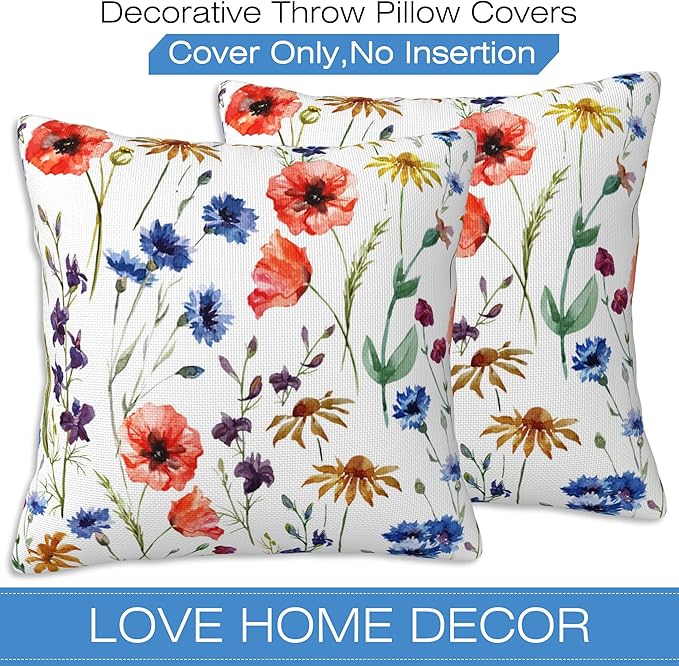 Wildflowers Throw Pillow Covers Set of 2 Watercolor Poppy Pillow Covers 18x18 Inch Modern Farmhouse Home Decorative Pillow Cases Cushion Cover for Sofa Living Room Office