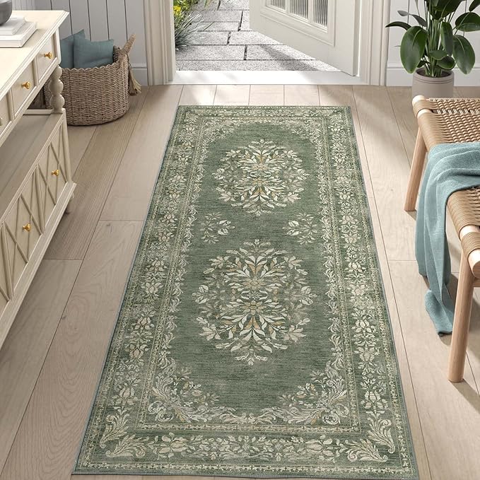 jinchan Vintage Floral Runner Rug 2x6 - Machine Washable Distressed Design Non-Slip Low-Pile Soft Thin Christmas Carpet for Hallway Kitchen Farmhouse Bedroom Entryway Laundry Room (2x6ft, Dark Green)