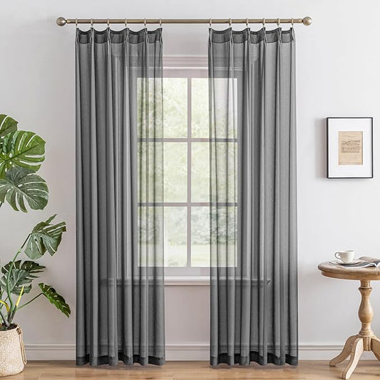 MAIHER 80 Inch Length Gray Sheer Pinch Pleat Curtains for Bedroom Soft Touch Light Filtering Lightweight Pleated Drapes with Adjustable Hooks for Traverse Rod, Grey, 42" W x 80" L, 2 Panels
