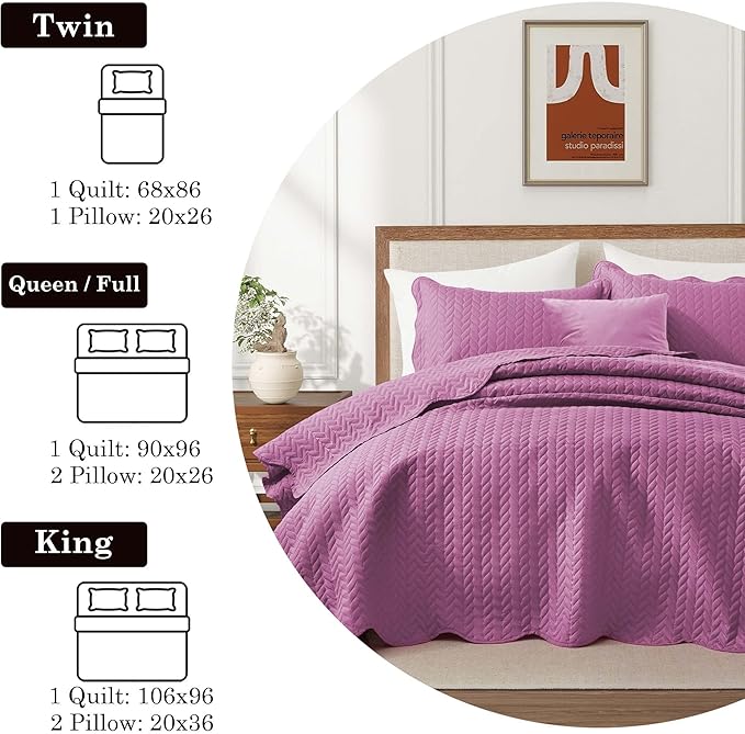 IR Imperial Rooms Twin Quilt Bedding Set Size (68” x 86”) + 1 Pillow Shams (20” x 26” + 2”) - 2 Pcs All Season Lightweight Reversible Microfiber Coverlet Embossed Quilt Bedspread (Purple)