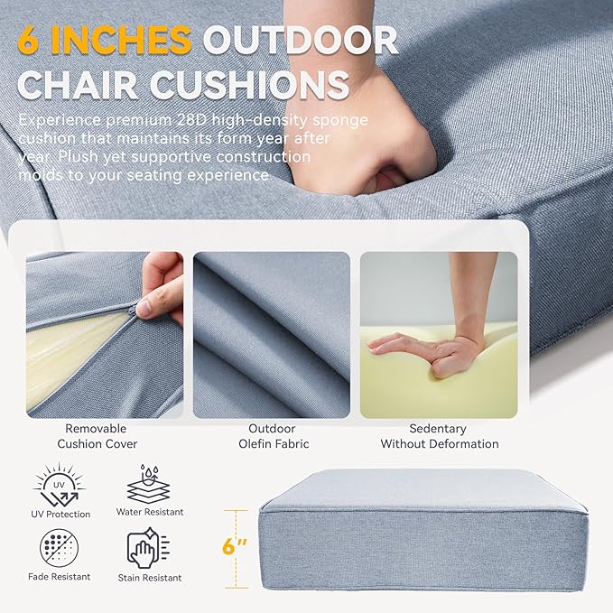 Outdoor Cushion Set for Furniture Patio Furniture, UV Resistant, Water Resistant - 6 Inch Thick Foam Garden Cushions – 22x24 Inch Patio Seat Covers for Chair/Sofa/Couch | Baby Blue | 11-Pack |
