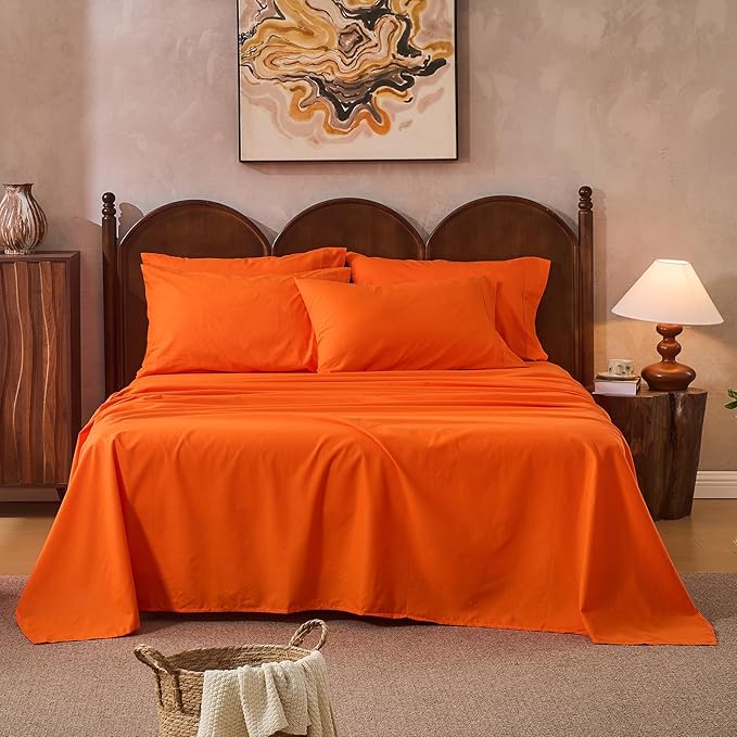 100% Linen Sheets California King Size,Breathable & Durable 4-Piece Bed Flax Sheet Set,Soft All-Season Bedding for Hot Sleepers 16" Deep Pocket Oeko-TEX Certified,（Cal King, Orange）