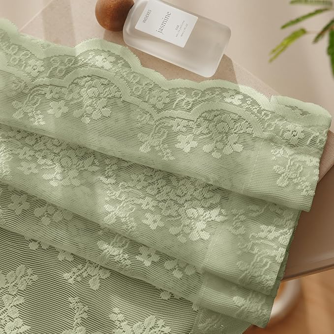 Anmao Vintage Lace Curtains 96 Inches Long 2 Panels Set, Romantic Elegant Light Filtering Semi Sheer Floral Thick Lacy Curtain Drapes for Living Room and Bedroom, Each Panel 55W x 96L, Dry Grass Green