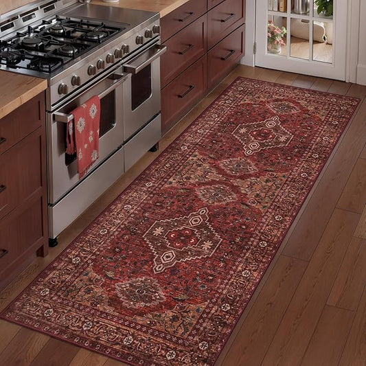 Tangsoo 2x5 Washable Runner Rug for Hallways, Non Slip Vintage Runner Rug, Soft Low Pile Long Rug Runner, Print Distressed Carpet Runners for Kitchen Bedroom Entryway Bathroom Living Room Dark Red