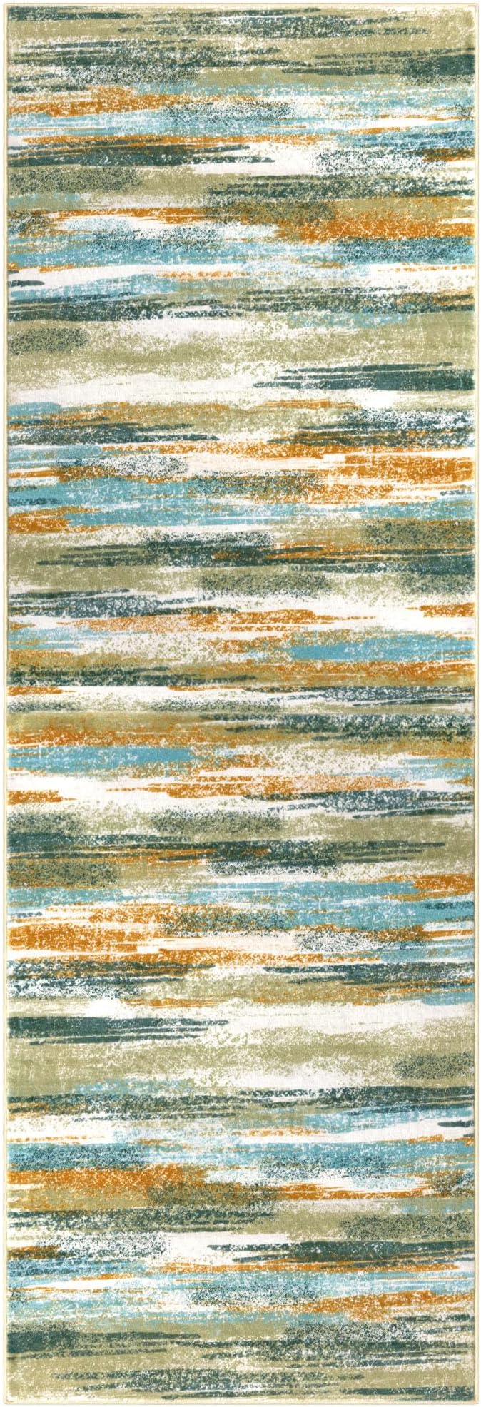 Modern Abstract Bedroom Runner Rug 2x7, Green Mustard Multi Washable Kitchen Runner, Non-Slip Soft Thin Faux Wool Mat for Entryway, Hallway, Laundry Room, Indoor Home Decor