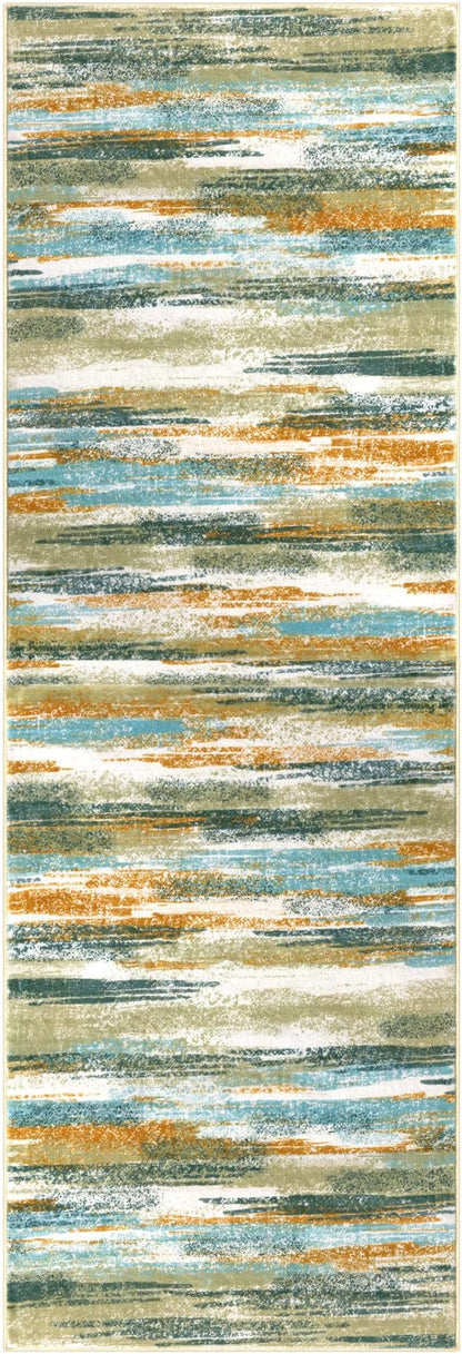 Modern Abstract Bedroom Runner Rug 2x7, Green Mustard Multi Washable Kitchen Runner, Non-Slip Soft Thin Faux Wool Mat for Entryway, Hallway, Laundry Room, Indoor Home Decor