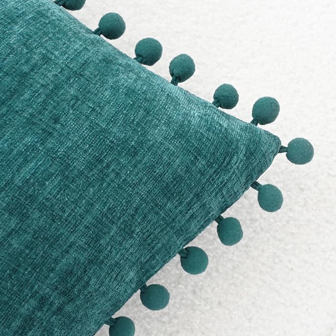 CaliTime Throw Pillow Covers Decorative 20 X 20 Inches Pack of 2 Cozy Solid Dyed Soft Chenille Cushion Cases with Pom Poms for Couch Sofa Bed Living Room Home Teal
