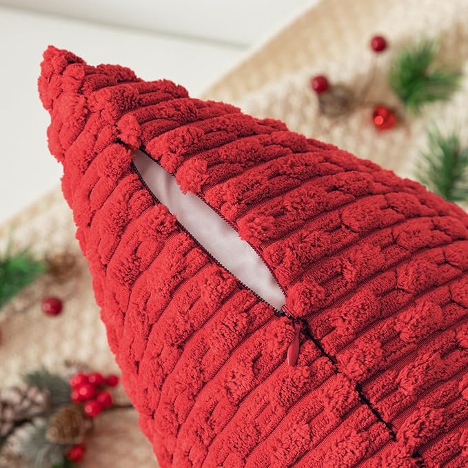 Kevin Textile 12x20 Inch Pillow Cover 1 Pack Boho Christmas Decorative Soft Striped Corduroy Lumbar Farmhouse Color Accent Rectangle Cushion Case for Living Room Couch Sofa Bed, Red