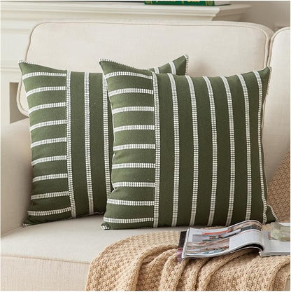 Caflife Boho Throw Pillow Covers 18x18 Set of 2 Soft Farmhouse Decorative Couch Pillow Cases Green Striped Pillow Covers Neutral Cushion Covers for Sofa Bed Living Room Home Decor