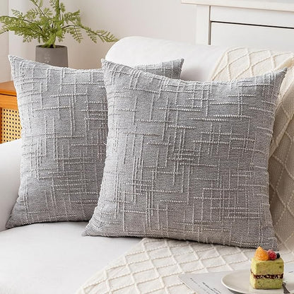 Decorative Throw Pillow Covers 18x18 Inch Set of 4, Soft Solid Farmhouse Chenille Couch Pillows, Spring Pillow Covers for Couch Sofa Bed Living Room Home Decor Pillowcase, Light Gray