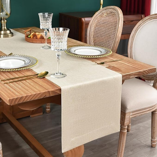 NEWISHER Farmhouse Rustic Table Runner Solid Beige Rectangular Table Runners Faux Linen Table Runner for Everyday Use Kitchen Dining Party Table 13x90 Inch