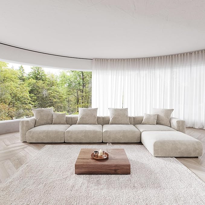 JACH 181" Oversized Modular Sectional Sofa, Deep 4-Seats Sectional Couch with Chaise Ottoman, Huge Plus Convertible Soft Sofas, Corduroy Minimalist Couches for Living Room, Office, Apartment, Beige