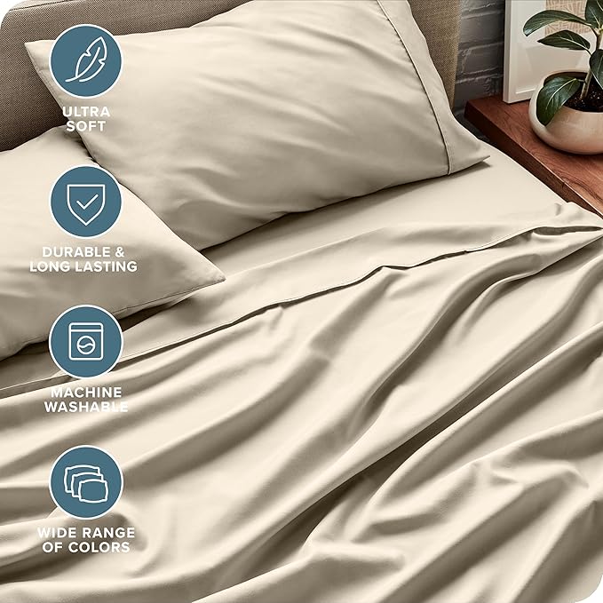 Bare Home Short Queen Sheet Set - 1800 Ultra-Soft Microfiber - Double Brushed - Deep Pockets - Easy Fit - 4 Piece Set - Bed Sheets (Short Queen, Sand)