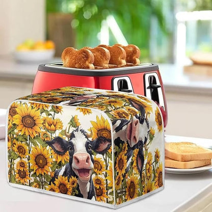 Sunflower Cow Printed Toaster Cover for 4 Slice Bread Maker, Anti Fingerprint Oven Dust Protector, Small Kitchen Appliance