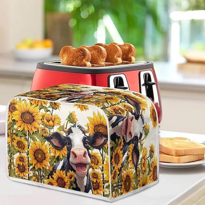 Sunflower Cow Printed Toaster Cover - 2 Slice Bread Maker Protector, Anti Fingerprint Oven Dust Cover for Small Kitchen Appliances