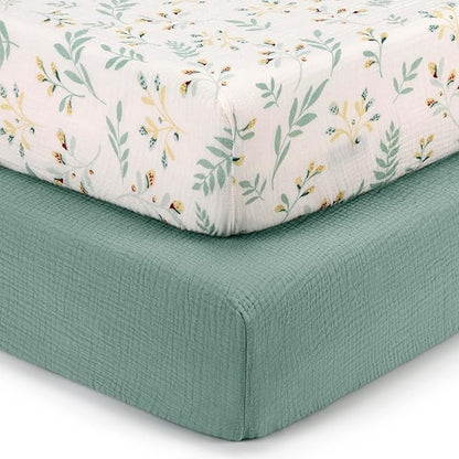 Blissful Diary Muslin Crib Sheets for Girl Boy, Boho Neutral Soft Cotton Baby Sheet for 52''x28'' Standard Crib Mattress, 2 Pack(Roman Green&Leaf)