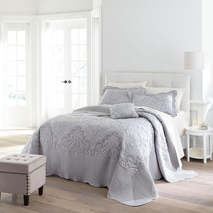 BrylaneHome Bedding Lightweight All Season Modern Amelia Quilted Damask Oversized Ultra Soft Bedspread - Queen, Grey
