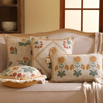 patdrea Designer Square Throw Pillow Covers for Couch 18"x18",Vintage French Linen Pillows Cover with Daisy Floral Pattern,Beige Luxury Farmhouse Decorative Cushion for Bed,Living Room,Outdoor