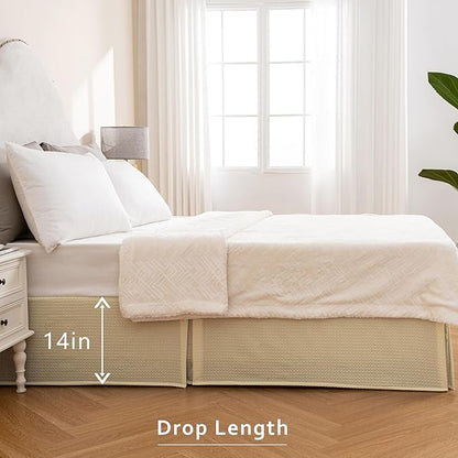 MIYE Pleated Waffle Weave Bed Skirt, Tailored Dust Ruffle 14 Inch Drop Easy Fit, Machine Washable,No Split Corners(Light Beige, Full - 14" Drop)