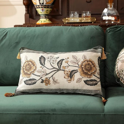 ISAENNE Design Linen Chinoiserie Rectangle Throw Pillow Covers 12"x20" Pack of 2, Farmhouse Cushion Covers with Yellow Floral Birds Pattern Decoration Pillowcases for Bed,Living Room,Outdoor,Car