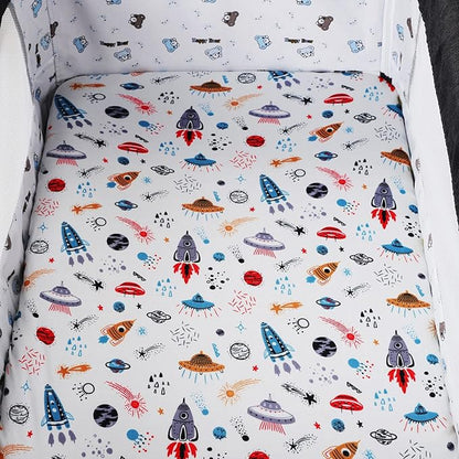 Pack n Play Sheet Stretchy Fitted Portable Mini Crib Sheets Set 3 Pack,Playard Sheets Convertible Playard Mattress Cover,Ultra Soft Jersey Material,Rocket Satellite,Car & Bus