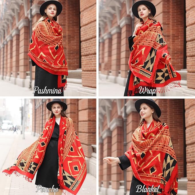DANA XU 100% Merino Wool Pashmina Shawl for Women 96"x43", Oversized Cashmere Wrap with Tassels, Floral Travel Blanket Cape