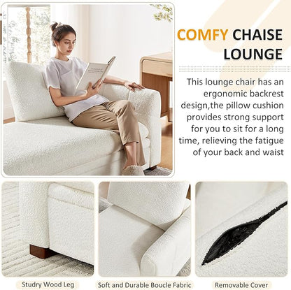VANOMi Oversized 70.47'' Chaise Lounge Chair Indoor with Storage Space, Modern Upholstered Sofa Bed with Thick Cushion and Left Armrest, Boucle Leisure Recliner for Living Room, Bedroom, Office, White