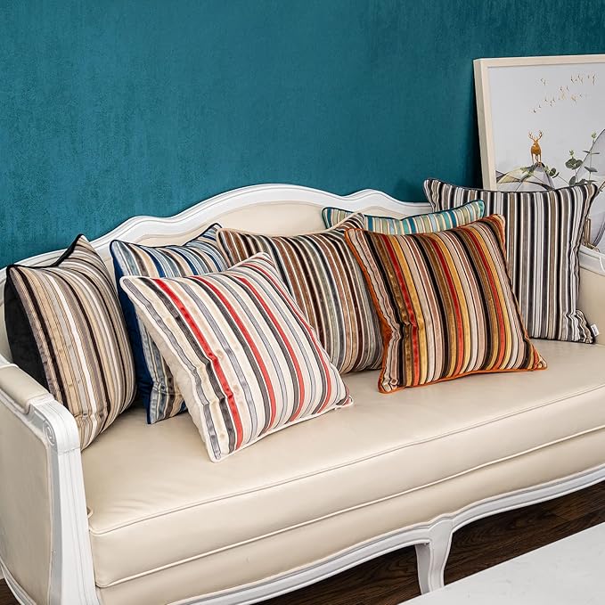 Yangest Beige Striped Throw Pillow Cover Multicolor Velvet Cushion Cover Modern Bohemian Pillowcase for Sofa Couch Bedroom Living Room Home Christmas Decoration,18x18 Inch