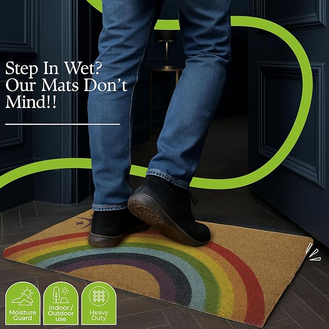 Coir Door Mats 17" X 30", Non-Slip Sturdy, PVC Backed Heavy Duty, Easy to Clean, Ideal for Door Entrance, Patio, Porch, Backyard, Garages, Sparkle of Rainbows