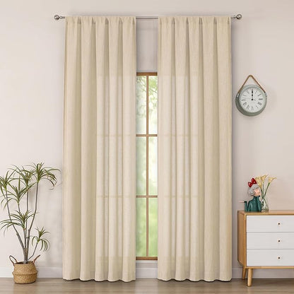 Simplebrand Natural Faux Linen Textured Semi Sheer Curtains 96 Inches Long 2 Panels Set, Light Filtering Soft Thick Farmhouse Curtains Window Treatment for Bedroom/Living Room, 50 x 96 Inch