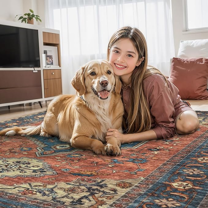 Tangsoo 3x5 Washable Rugs Oriental Area Rug, Vintage Non Slip Indoor Accent Rug, Print Distressed Terracotta Carpet, Soft Low Pile Rug for Living Room Dining Bedroom Bedside Entryway