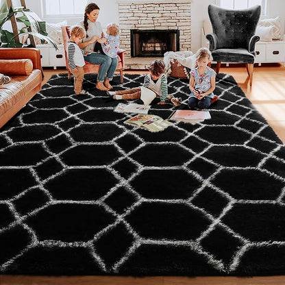 ONASAR 5x7 Area Rugs for Living Room Bedroom, Washable Fluffy Black and White Rug, Geometric Boho Soft Plush Shaggy Floor Carpet Mat for Nursery Kids Girls Boys Teen Dorm Home Decor Aesthetic
