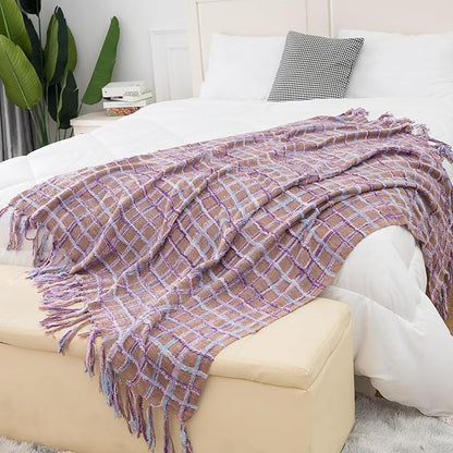 Gealaek Boho Throw Blanket Lightweight Fuzzy Soft Cozy Decorative Blankets for Sofa Bed Farmhouse Throw Blanket Mexcican Blanket with Tassel Khaki Purple Pink Textured 50" x 60"
