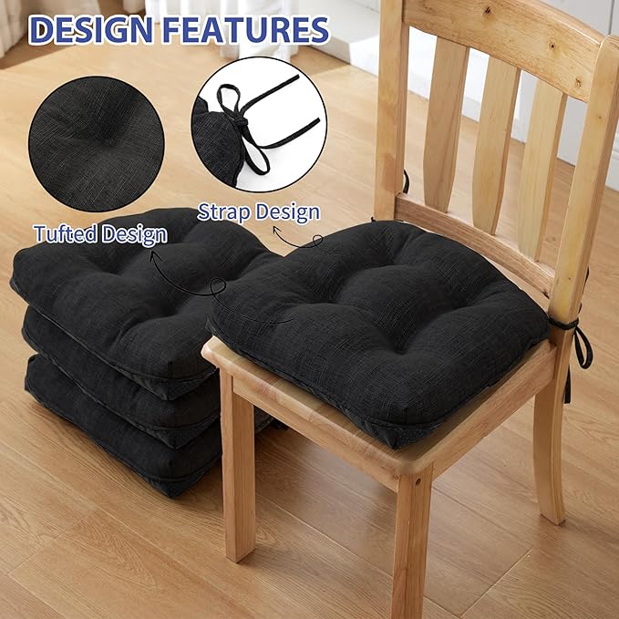 Chair Cushions for Dining Chairs Set of 4, Kitchen Chair Cushions, Chair Pads with Ties and Non Slip Backing, Tufted Memory Foam Seat Cushion 4 Pack, 18" x 18" x 4", Black