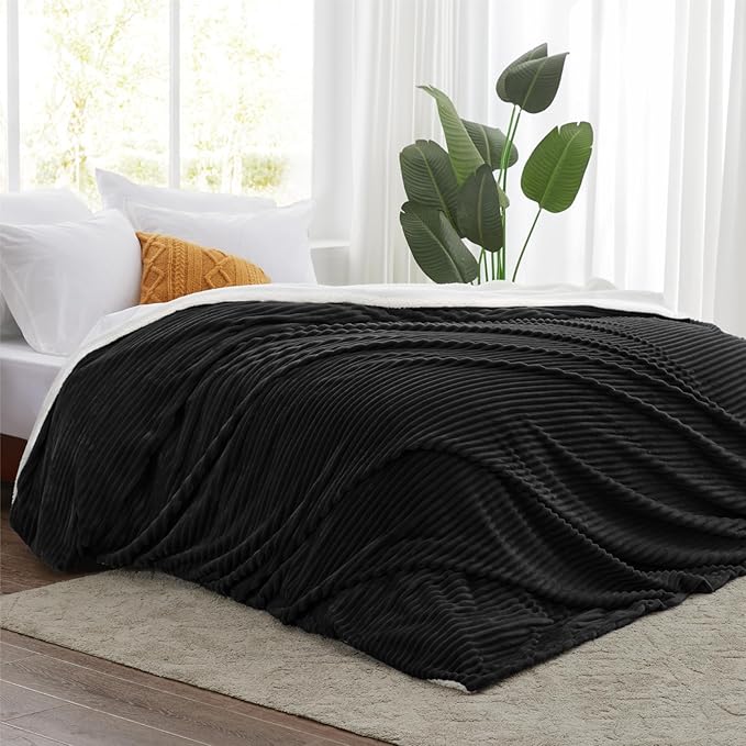 Sherpa Twin Blanket - Soft Cozy Fleece, Warm for Winter, Reversible for Sofa, Black, 60 x 80 Inches