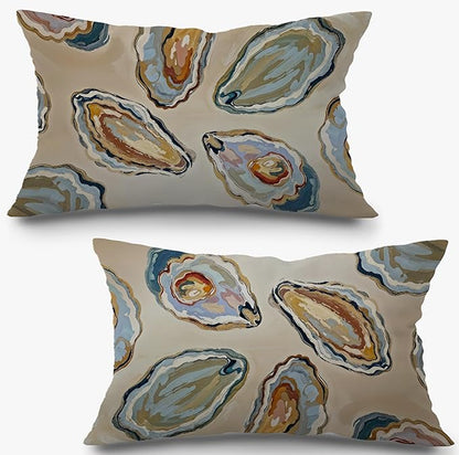 Abstract Oyster Coastal Beach Pillow Covers 12x20 Set of 2, Beachy Room Decor Aesthetic, Retro Coastal Ocean Oyster Shell Decorative Lumbar Pillow Covers for Home Bedroom Living Room
