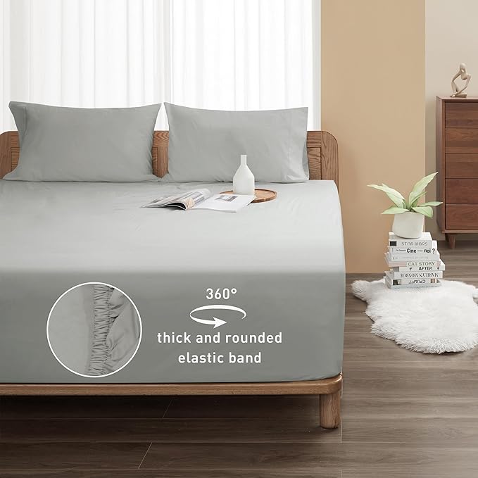 Sunflower Queen Fitted Sheet, 1-Piece Extra Deep Pocket Fitted Bottom Sheet 22", 100% Cotton Sateen Soft Breathable, Silver Gray