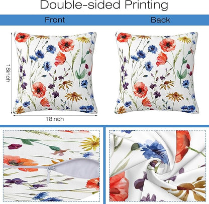 Wildflowers Throw Pillow Covers Set of 2 Watercolor Poppy Pillow Covers 18x18 Inch Modern Farmhouse Home Decorative Pillow Cases Cushion Cover for Sofa Living Room Office