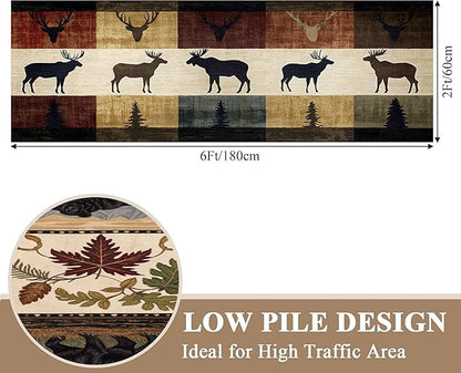 Colorful Elk Pine Tree Bohemian Hallway Rug 2x7ft with Checkered Texture - Retro Washable Kitchen Mat, Non-Slip Floor Decor for Dining Room Balcony, Canvas Art Style