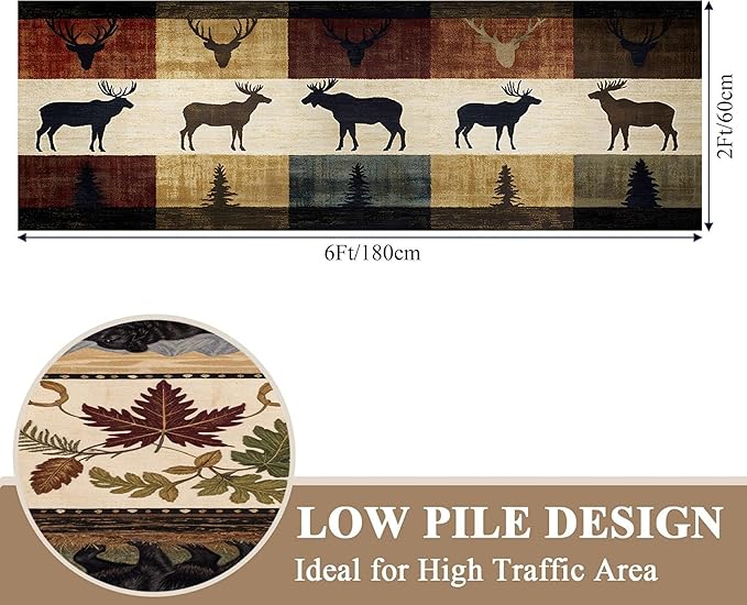 Colorful Elk Pine Tree Bohemian Hallway Rug 2.6x10ft with Checkered Texture - Retro Washable Kitchen Mat, Non-Slip Floor Decor for Dining Room Balcony, Canvas Art Style