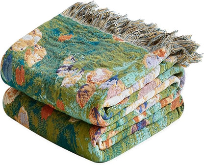 MSGKV Boho Throw Blanket for Bed Cotton Floral Twin Size Couch Blanket 60"x80" Muslin Breathable Lightweight Farmhouse Blankets All Seasons